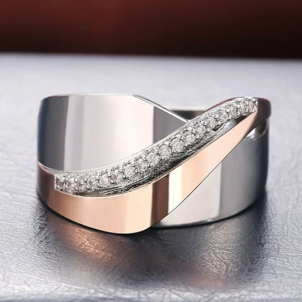 Fabulous Unisex Two-Tone 14k Rose Gold 925 Silver Diamond Band